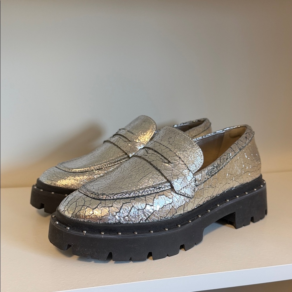 Schutz Silver Metallic Crackle Penny Loafers with Chunky Black Lug Sole